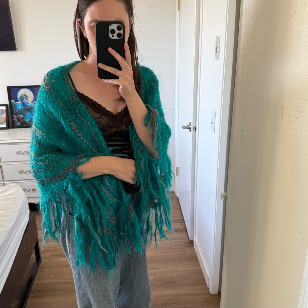 Vintage Teal Open Knit Mohair Fringe Shawl Triangle Boho Maximalist